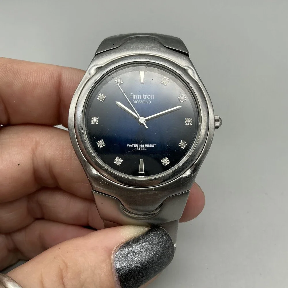 Armitron Diamond Mens Watch 38mm Blue Dial Stainless 50M New Battery 7.75